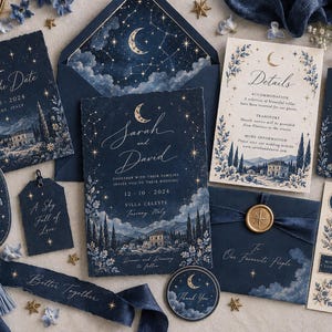 May include: A wedding stationery set featuring dark blue paper with gold celestial motifs, including a Save the Date, invitation, RSVP card, and details card. The designs depict a Tuscan villa landscape, a crescent moon, stars, and a horse illustration.