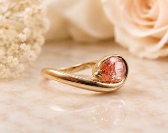 Anello di fidanzamento a forma di pera rosa / Design con castone sagomato / Oro 14 carati / Anello da sposa scultoreo moderno