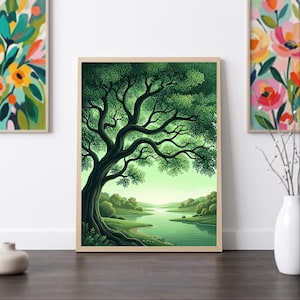 May include: A framed wall art print featuring a large, detailed tree with dark green foliage and a thick trunk, overlooking a calm river winding through a rolling landscape under a soft, light green sky, presented in a light wood frame.