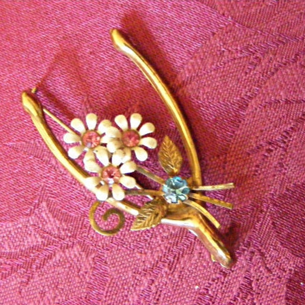 Good Luck Wishbone Vintage Brooch Enamel Flowers and Rhinestones