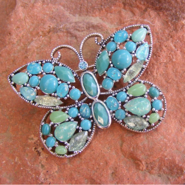 Turquoise and Green Vintage Butterfly Brooch