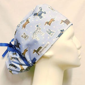 Scrub Hats - Handmade to Order - Dogs on Blue