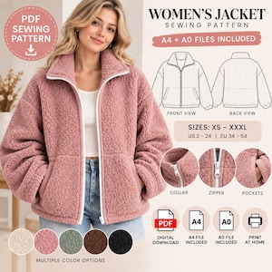 Puede incluir: Un patrón de costura en PDF para una chaqueta de forro polar texturizado en color rosa empolvado con cuello alto, cremallera frontal blanca y dos bolsillos laterales. El gráfico incluye dibujos técnicos, tallas de la XS a la XXXL e iconos.