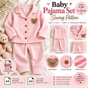 Kids Pajama Sewing Pattern PDF, Shirt & Pants Set, Children’s Sleepwear, Baby Toddler Pattern, A4 A0, 6M-10Y