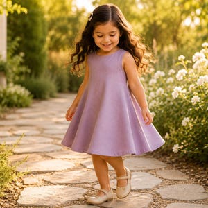 May include: A sleeveless lavender dress with a round neckline and a flared A-line skirt. The dress features a simple, solid-coloured design with a fitted bodice that transitions into a wide, flowing hemline, creating a classic and clean silhouette.