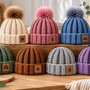 Crochet Beanie Pattern PDF, Textured Ribbed Hat, Baby to Adult Sizes, Unisex Winter Cap, Folded Cuff, Pom Pom Option, Instant Download