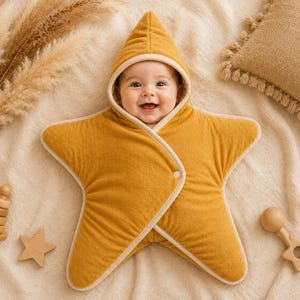 May include: A mustard yellow star-shaped baby swaddle blanket with a hood. The swaddle features a soft, textured fabric with light cream-coloured trim along the edges and a single snap closure at the centre to secure the wrap around the infant.