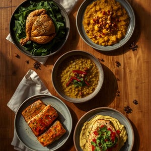 May include: Five round ceramic plates and bowls containing various prepared food items, including a roasted chicken on greens, a yellow grain dish with nuts, a lentil soup with chili, glazed tofu, and a chicken breast with yellow sauce.