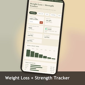 May include: A smartphone screen displaying a Weight Loss + Strength Tracker app. The interface features a dashboard with current weight at 196.0 lbs, body fat at 12.3%, and strength status. It includes a weekly weight trend bar chart and nutrition data.
