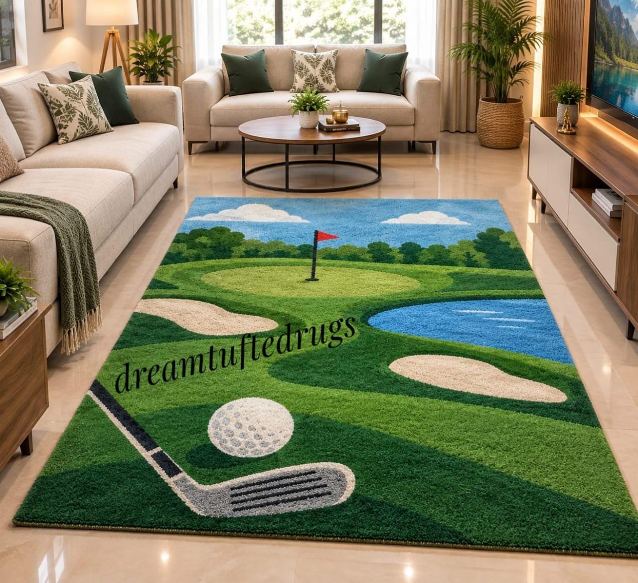 【希少】ヴィンテージ ラグマット ゴルフコース柄　50周年タペストリー　風景雑貨 Large Vintage Golf Theme Rugs - Etsy