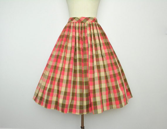 Vintage 1950s Cotton Skirt 50s Plaid Full Skirt