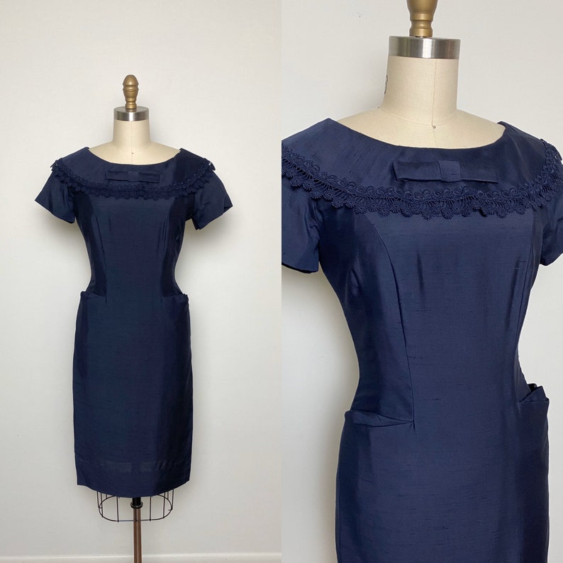 Vintage 1950s Dress 50s Wiggle Dress Navy Blue