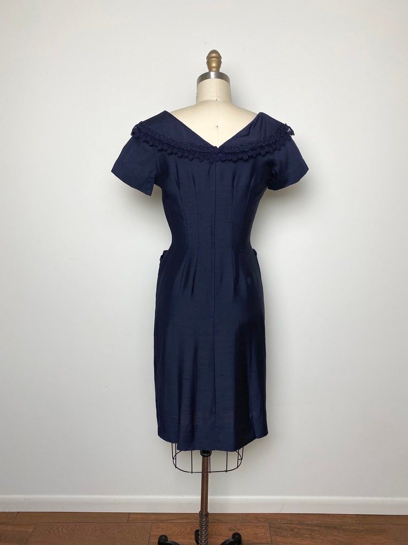 Vintage 1950s Dress 50s Wiggle Dress Navy Blue