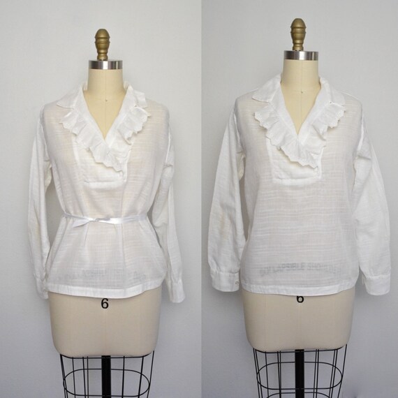 Antique 1920s Blouse White Cotton Ruffle Top Shirt