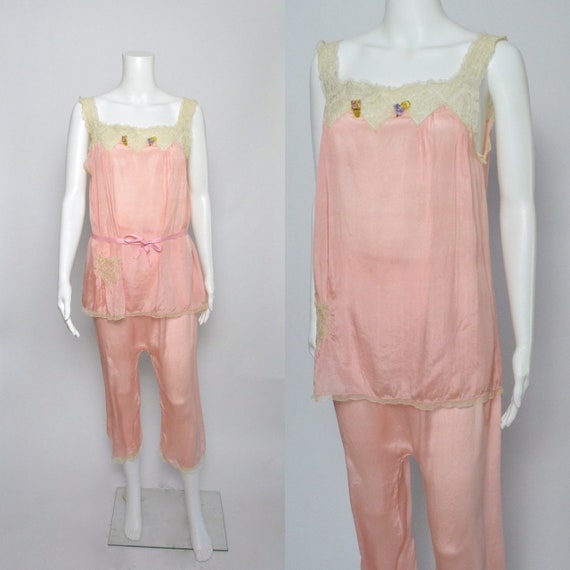 1920s Pajamas Pyjamas 20s Loungewear Pink Silk and
