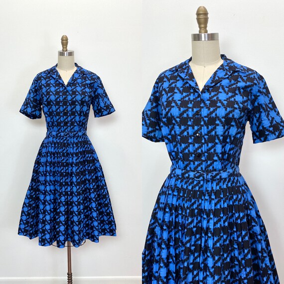 Vintage 1950s Dress 50s Shirtwaist Blue and Black