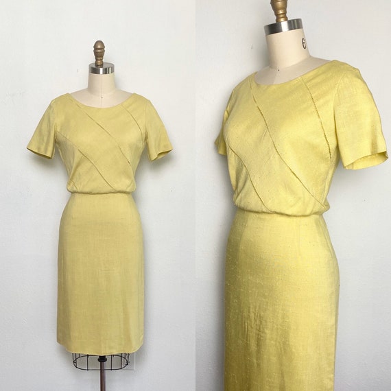 Vintage 1950s Wiggle Dress 50s Chartreuse Linen
