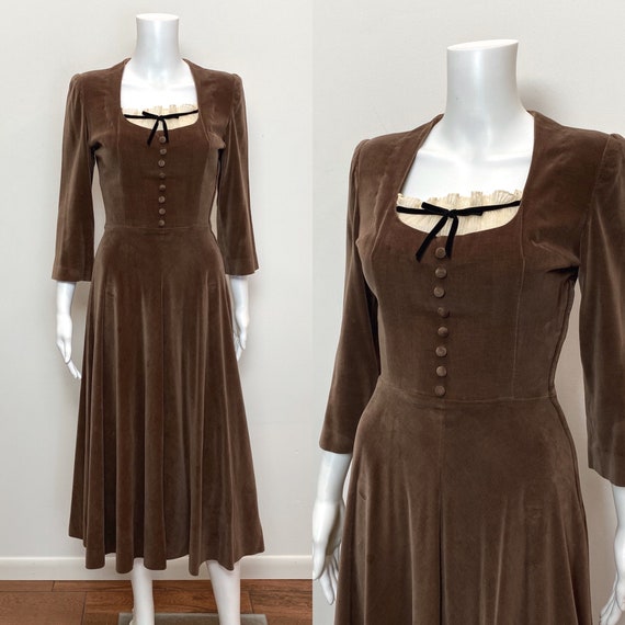 Vintage 1940s Dress 40s Velveteen Brown Day Dress