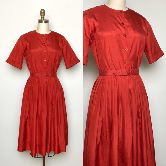 Vintage 1950s Shirtwaist Dress Red Silk Full Skirt