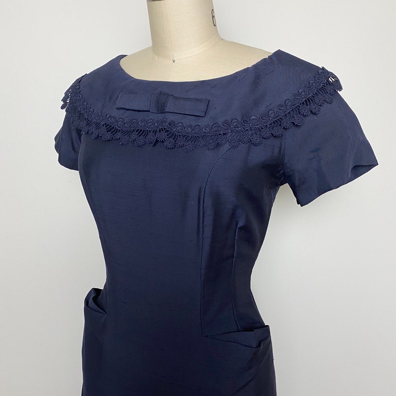 Vintage 1950s Dress 50s Wiggle Dress Navy Blue