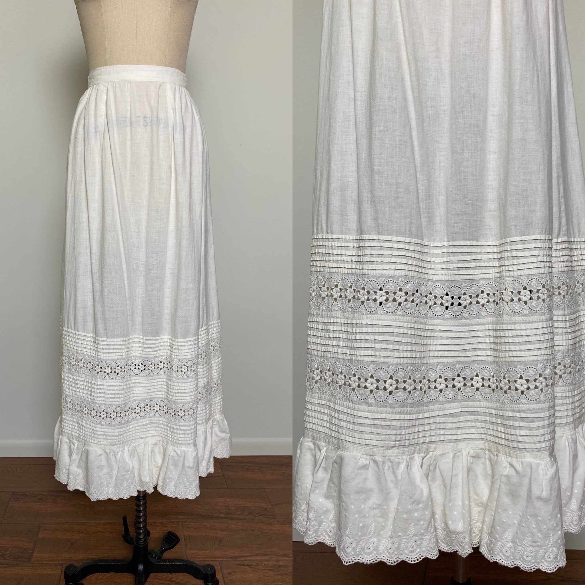 Edwardian Drawstring Waist Skirt with Lace & Pin Tucks Antique White Cotton Eyelet Lace Petticoat Broderie Anglaise Midi Length Underskirt