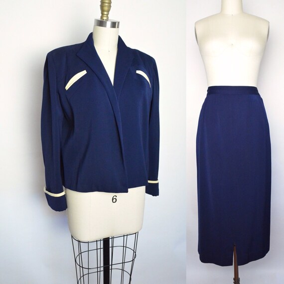 Vintage 1940s Gabardine Suit 40s Blue and White Ja