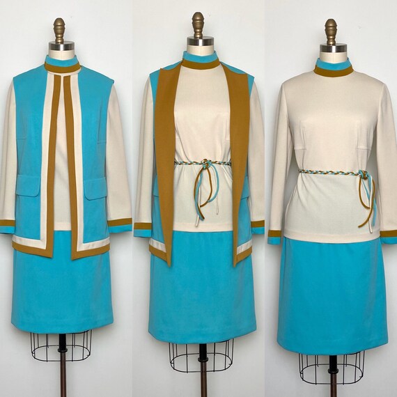 Vintage 1970s Dress Skirt Jacket Belt Set 70s Suit