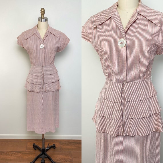Vintage 1940s Cotton Suit 40s Dress with Peplum Se