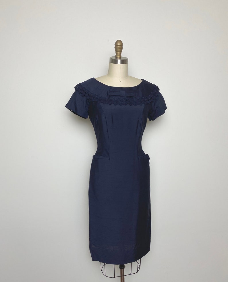 Vintage 1950s Dress 50s Wiggle Dress Navy Blue