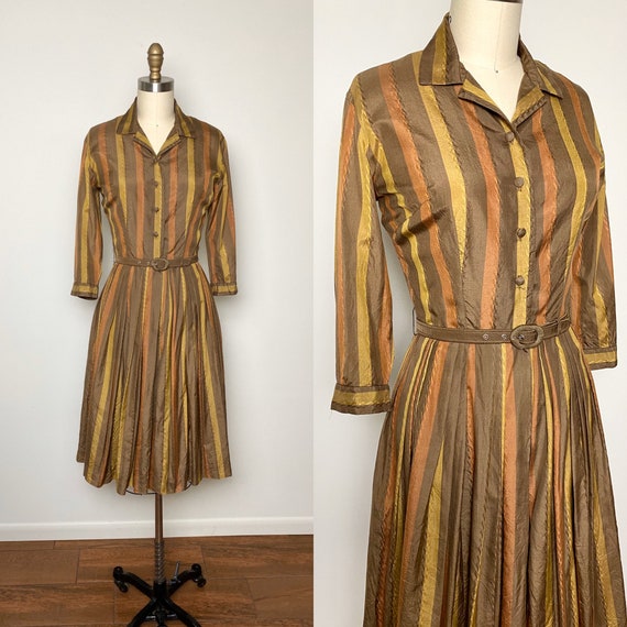 Vintage 1950s Shirtwaist Dress 50s Silk Striped Fa