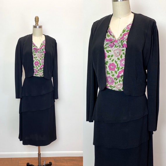 Vintage 1930s Rayon Dress 30s Black w Floral Print