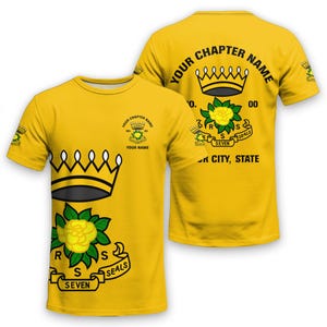 May include: A bright yellow short-sleeve t-shirt featuring a large graphic of a crown above a yellow rose and a banner with the text "R S S SEVEN SEALS". The design includes "YOUR CHAPTER NAME", "NO. 00", and "YOUR CITY, STATE" text elements.