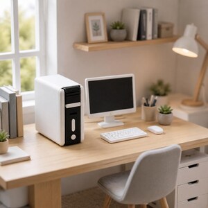 Op de afbeelding: Een miniatuur witte computertoren met een zwart voorpaneel, een kleine witte monitor, een wit toetsenbord en een witte computermuis op een lichthouten bureau. De opstelling bevat een grijze stoel en een bureaulamp voor een gedetailleerde werkplek.