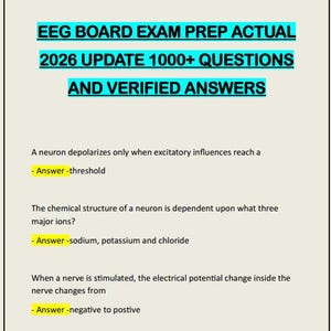 Puede incluir: Un documento digital titulado EEG BOARD EXAM PREP ACTUAL 2026 UPDATE 1000+ QUESTIONS AND VERIFIED ANSWERS. La página presenta un icono de descarga PDF y enumera varias preguntas sobre la despolarización neuronal, estructuras químicas y potencial eléctrico.