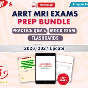 以下が含まれることがあります： ARRT MRI EXAMS PREP BUNDLE 2026/2027 Updateというタイトルのデジタル学習ガイド。練習問題、模擬試験、フラッシュカードが含まれています。画像には、ARRT MRI EXAM PREP FLASHCARDSと表示されたタブレットと2枚のドキュメントページが写っています。