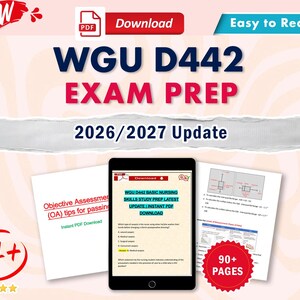 Könnte beinhalten: Ein digitaler Studienleitfaden für die WGU D442 Prüfungsvorbereitung 2026/2027, mit einem Tablet, das Pflege-Übungsfragen, ein PDF-Download-Symbol, ein A+ Notensymbol und ein rotes Abzeichen mit 90+ Seiten anzeigt.