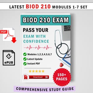 May include: A digital study guide for BIOD 210 with the text LATEST BIOD 210 MODULES 1-7 SET, BIOD 210 EXAM, PASS YOUR EXAM WITH CONFIDENCE, 150+ PAGES, and COMPREHENSIVE STUDY GUIDE. Includes a stethoscope, heart rate line, and PDF and ePub icons.