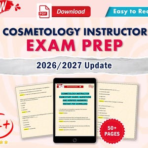 Pode incluir: Um guia de estudo digital para a preparação do exame de instrutor de cosmetologia, atualização 2026/2027. O documento apresenta questões de múltipla escolha, um ícone de nota A+, um selo de 50+ páginas e um botão de download.