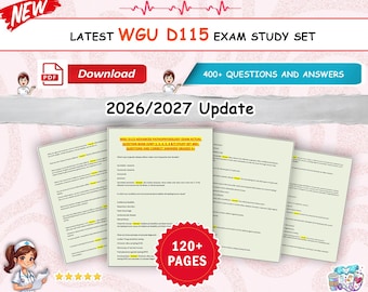 Op de afbeelding: Een digitale studiegids voor WGU D115 Advanced Pathophysiology, met een 2026/2027 update van 400+ vragen en antwoorden over 120+ pagina's. Het document bevat een PDF-downloadknop en tekst met examenvragen en de bijbehorende juiste antwoorden.