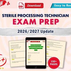 Può includere: Una guida di studio digitale per la preparazione all'esame di tecnico della sterilizzazione, aggiornamento 2026/2027. L'immagine mostra un tablet con domande d'esame, due pagine stampate, un badge A+ e un'icona a stella con 150+ pagine.