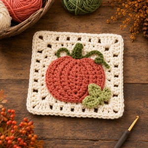 May include: A square crochet granny square featuring an off-white yarn base with a centered, textured, burnt orange pumpkin motif. The pumpkin includes a dark green stem, curling vines, and a small green leaf accent attached to the bottom right.