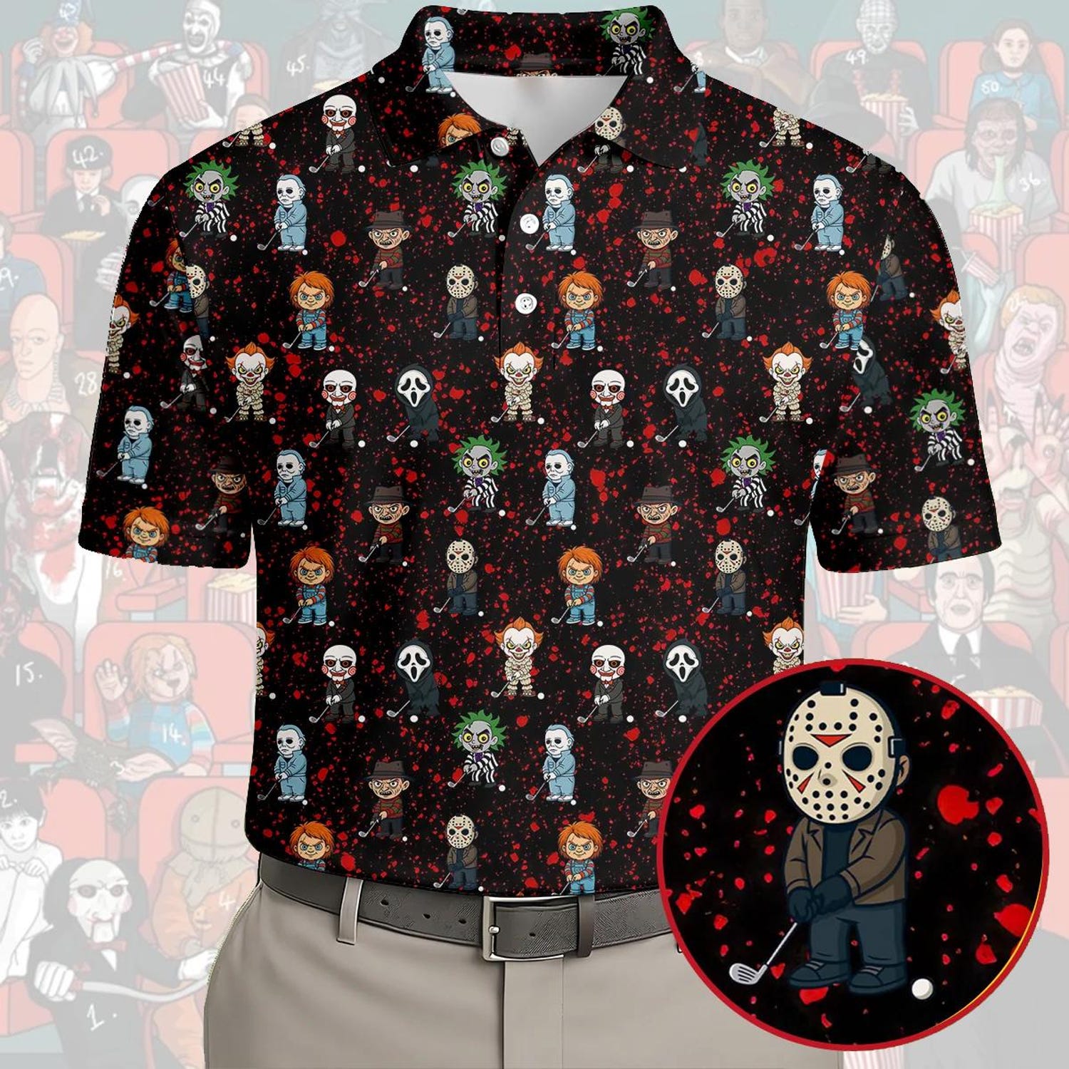 Funny Horror Character Golf Polo Shirt, Horror Movie Shirt, Halloween Golf Shirt, Fun Golf Polos For Mens