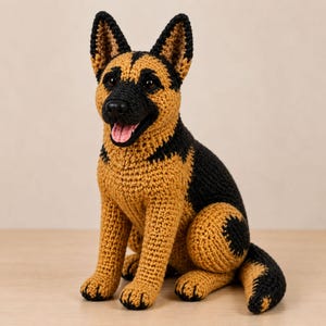 Può includere: Una statuetta di cane pastore tedesco realizzata all'uncinetto con filato color marrone chiaro e nero. Il cane è seduto con le orecchie dritte, il muso nero e la bocca aperta che mostra una lingua rosa. La trama presenta punti visibili.