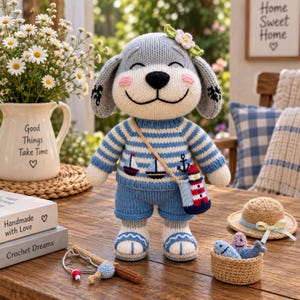 Puede incluir: Un juguete de peluche tejido con forma de perro de pelaje gris, que viste un suéter a rayas azules y blancas con motivos de veleros y anclas, pantalones cortos azules y sandalias. Lleva un bolso cruzado con diseño de faro y una flor en la cabeza.