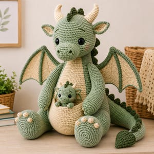 May include: A large, sage green crocheted dragon plush toy featuring a cream-colored belly pouch containing a smaller matching baby dragon. The dragon has cream-colored horns, inner wings, and toe details, with dark eyes and a long, spiked tail.