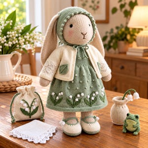 May include: A knitted rabbit doll wearing a sage green dress with lily of the valley embroidery, a cream cardigan, and a matching bonnet. Beside the doll are a small cream drawstring pouch with floral embroidery, a white lace doily, and a small frog.
