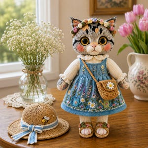 Op de afbeelding: Een handgebreide kattenpop met grote donkere ogen, gekleed in een blauwe jurk geborduurd met bloemen en een gietertje, een beige schoudertas en bloemige sandalen. Een bijpassende strooien hoed met een blauw lint en een bijendetail.
