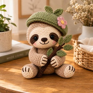 Peut inclure: Un jouet paresseux au crochet avec une fourrure brun clair, des taches brun foncé autour des yeux et un petit sourire. Il porte un béret vert sauge orné d'une petite fleur rose et tient une branche brun foncé avec des feuilles vertes.