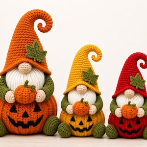 Può includere: Tre gnomi all'uncinetto di varie dimensioni, ognuno con un cappello alto e arricciato arancione, giallo o rosso con una foglia verde. Ogni gnomo ha una barba bianca, naso beige, maniche verdi e tiene una piccola zucca su una base a zucca.