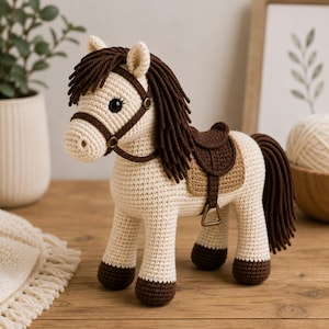 Op de afbeelding: Een crèmekleurig gehaakt paard met donkerbruine manen, staart en hoeven. Het paard is uitgerust met een donkerbruin hoofdstel, een beige zadeldekje, een donkerbruin zadel en een kleine metalen stijgbeugel aan de zijkant van het lichaam.